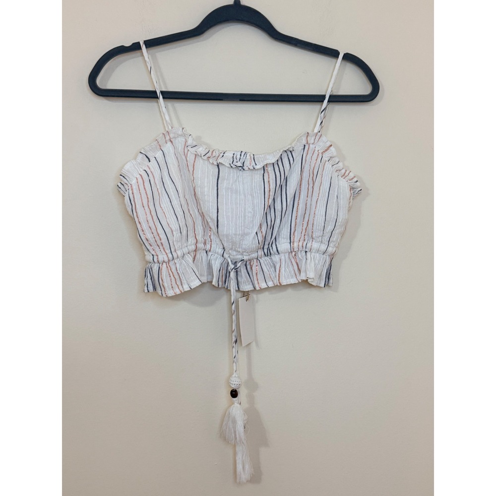 Surf Gypsy Women Ivory Gauze Striped Ruffle Crop Top T605-TX11008 Small NWT